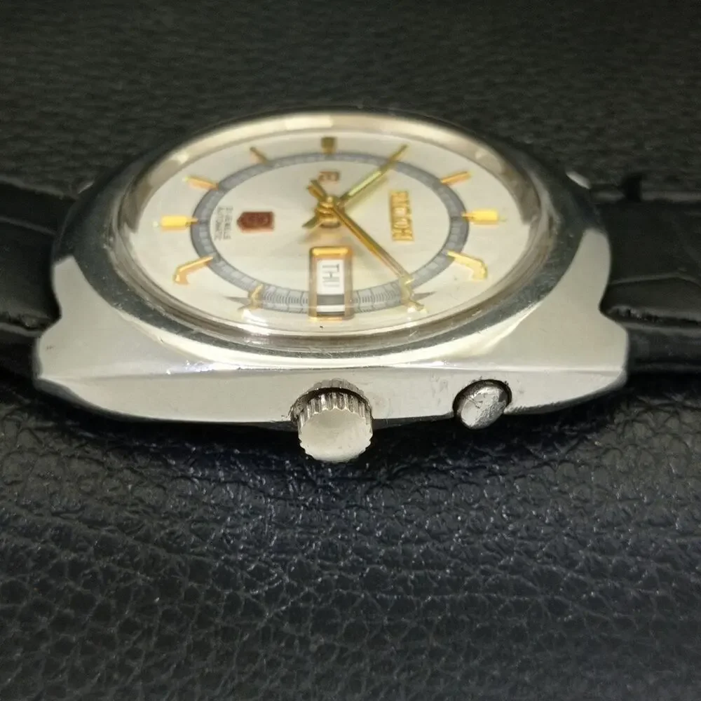 Vintage 1980 Ricoh Automatic Mens Silver Watch W/daydate & Gold accents
